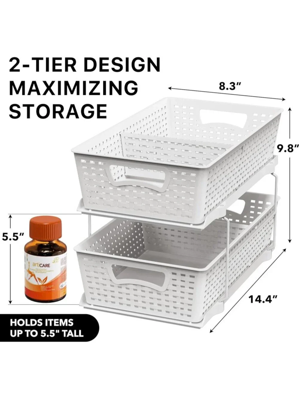 New White 2 Tier Pull-Out Bathroom Organizer Under Sink Storage Tray 14.4 inch